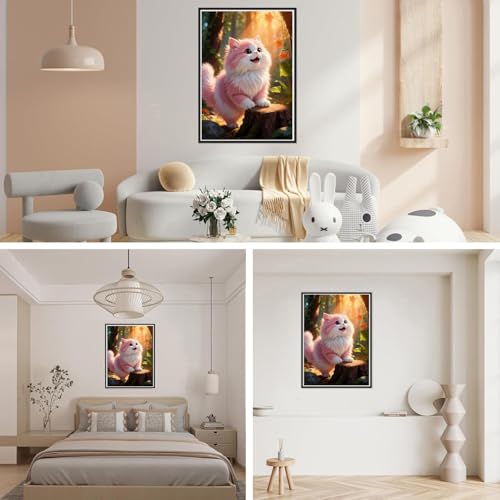 NebuIuxe 5D Diamond Painting Kit - Fluffy Pink Cat Fantasy Forest 12 x 16