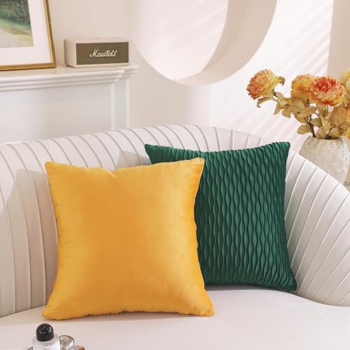 TAOSON Velvet Throw Pillow Covers, 18x18 Striped Gold Yellow, Set of 2