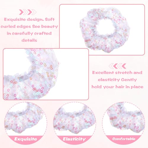Thinp Large Sparkly Sequin Satin Hair Scrunchies - White 2-Pack