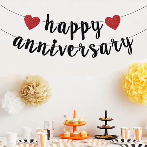 Happy Anniversary Banner - Black & Red Glitter Party Decoration