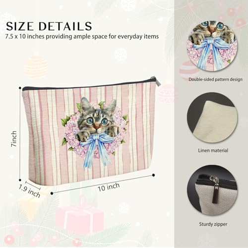 Coquette Blue Bow Cat Makeup Bag Linen Cosmetic Pouch for Women