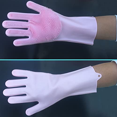 HUAYINGMEI Silicone Dishwashing Gloves with Built-in Scrubber - Pink