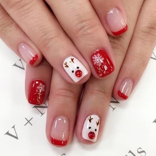 Christmas Press On Nails Short Square Red French Tip False Nails Kit
