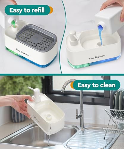 3-in-1 Kitchen Soap Dispenser Set with Sponge Holder - White