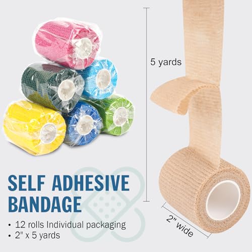 12 Pack Self Adhesive Bandage Wrap, 2" X 5 Yards Color Vet Wrap, Ankle Tape, Elastic Cohesive Bandage Wrap, Athletic Tape