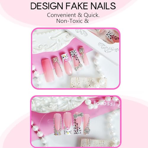 Press on Nails Coffin Medium Long Pink 3D Leopard Rhinestone False Nails