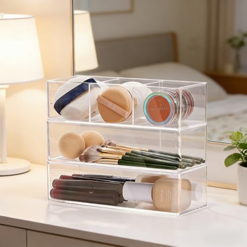 WECHENG Clear Acrylic Makeup Organizer with 3 Compartments