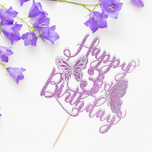 3D Butterfly Cake Topper for 3rd Birthday Party - Purple Glitter