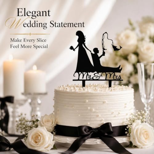 Mr and Mrs Fishing Couple Cake Topper - Black Glitter Decor