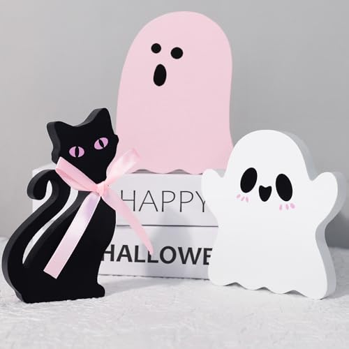 Cute Pink Ghost Halloween Decor - 3-Piece Wooden Set for Home