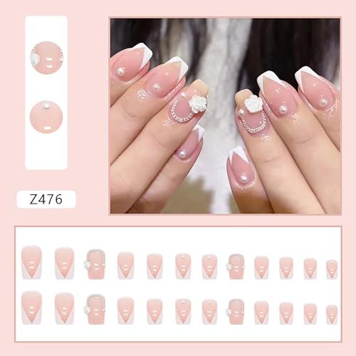 Onsdag Square French Tip Press On Nails with Flower Gems 24Pcs