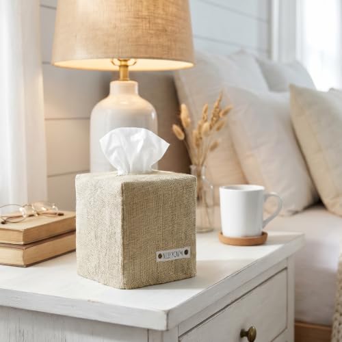 KIBAGA Beige Linen Square Tissue Box Cover - Decorative Facial Tissue Holder