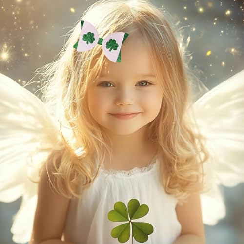 St. Patrick's Day Glitter Shamrock Hair Bows - 2 Pack Green Clover Alligator Clips