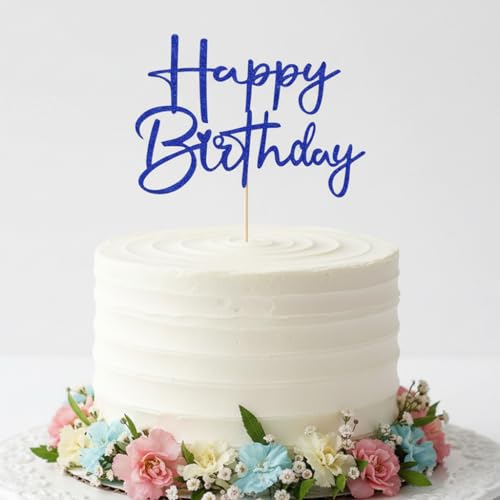 Navy Blue Glitter Happy Birthday Cake Topper - Handmade Decoration