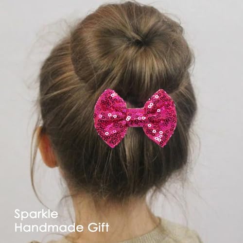 KISZU 3 Inch Glitter Hair Bows Clips Sparkling Sequin Hairpins Rose Red