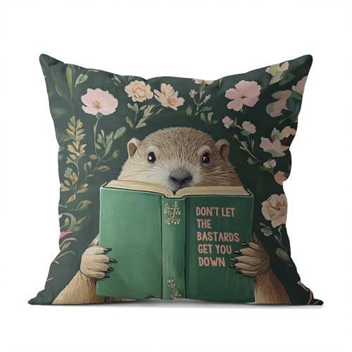 Groundhog Reading Motivational Throw Pillow Cover Set of 2 - 18x18 Flannel for Home & Office Decor