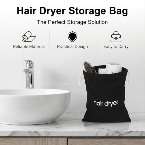 Black Canvas Hair Dryer Travel Bag 11.8x15 Inch Drawstring Storage Pouch