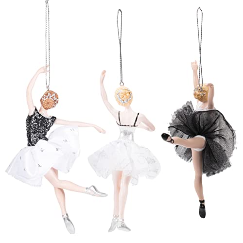 Set of 3 Black Silver White Ballerina Christmas Ornaments - Whimsical Holiday Decor