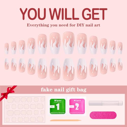 Yivaiks White Flame Press On Nails Medium Length Acrylic Fake Nails Kit