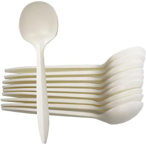 T Legend Eco-Friendly 50 Pack Cornstarch Soup Spoons - Large 5.3" Disposable Utensils for Hot Soup & More