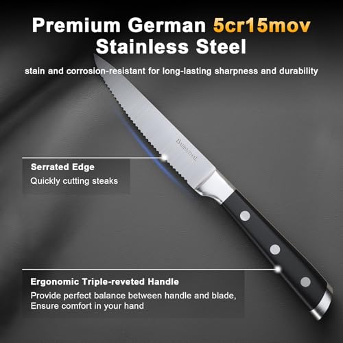 Black Steak Knives Set of 6 - 4.8 Inch German Stainless Steel Serrated Kitchen Knives with Block, Dishwasher Safe