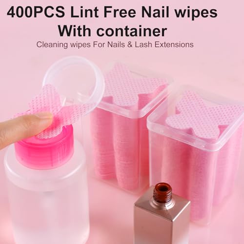 200PCS Lint Free Nail Wipes and Pump Dispenser Bottle, Pink