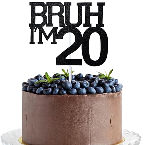 Black Glitter 20th Birthday Cake Topper - Bruh I'm 20 Decor
