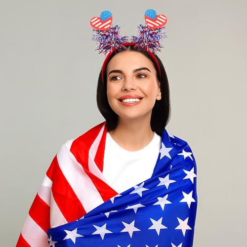 4th of July USA Flag Star Bow Headband with Tinsel Red White Blue