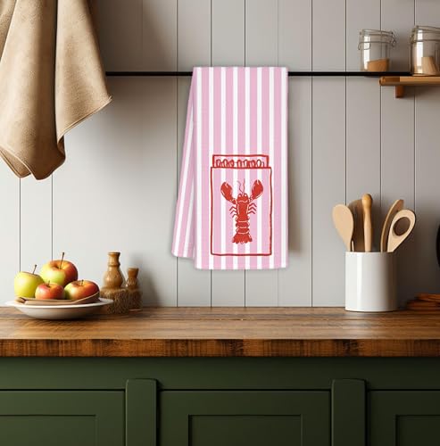 Coastal Beach Lobster Kitchen Towels - 16x24 Inch, Pink Striped