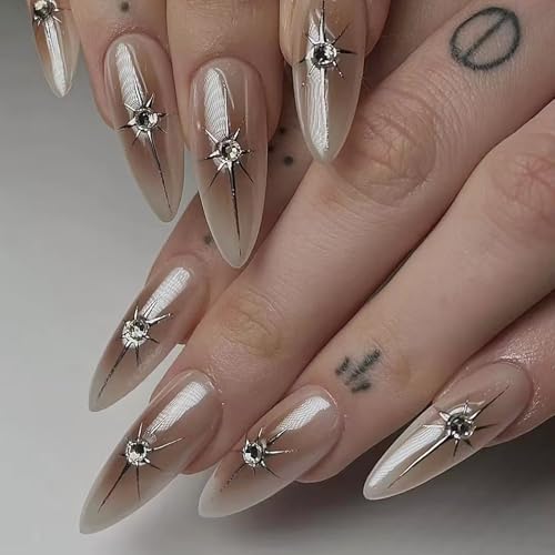 Caramel Ombre Medium Almond Press on Nails with Rhinestones & Star Design