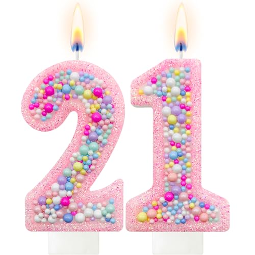 Pink Glitter Number 21 Birthday Candle - Colorful Cake Topper