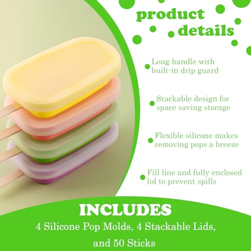 WMKGG Stackable Silicone Popsicle Molds with Lids, 4-Cavity Ice Pop Maker