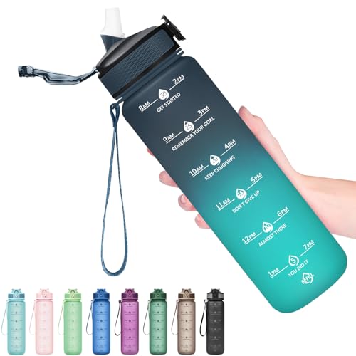 Hyeta 32oz Motivational Water Bottle with Straw - Navy Blue-Green Ombré