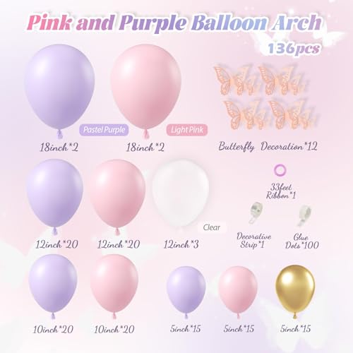 Butterfly Balloon Arch Kit - Pink & Purple with Gold Balloons