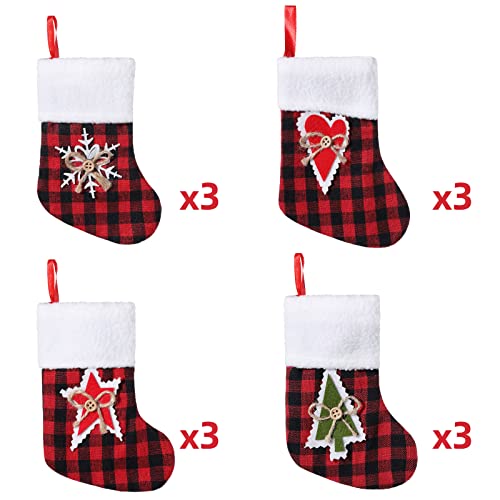 Mini Christmas Stockings Buffalo Plaid Set of 12 - 7 Inch Holiday Decor