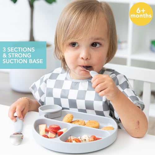 Bumkins Toddler & Baby Suction Plate Gray-Blue Divided Silicone Feeding Dish