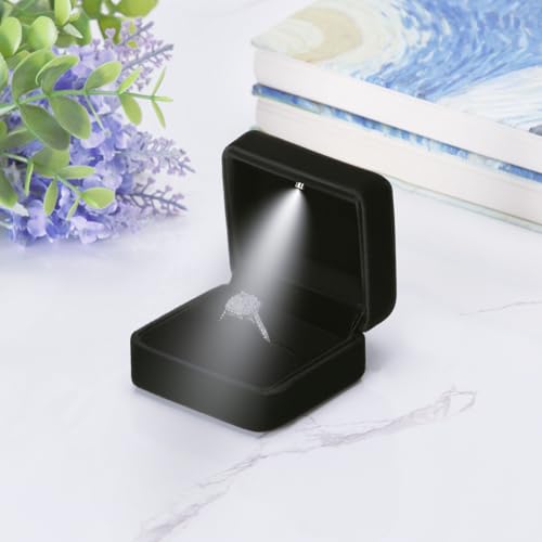 LETURE Black Glossy Jewelry Ring Box with LED Light - Velvet Gift Box for Engagement & Weddings