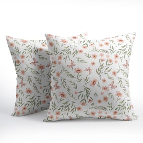 Trongr Floral Throw Pillow Covers, 18x18 Sage Green & Pink Cotton Linen Set