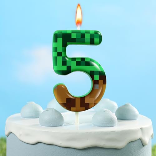 PHD CAKE 2.76 Inch Number 5 Pixel Miner Birthday Candle - Green, Party Celebration