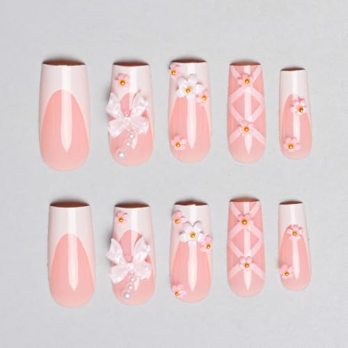 Pink Floral Press on Nails Long Square Reusable False Nails with Bows 24PCS