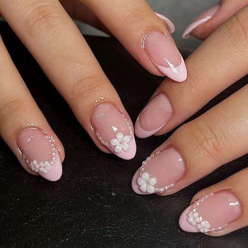 Short Almond Press on Nails 3D Floral French Tip with Pearl Design