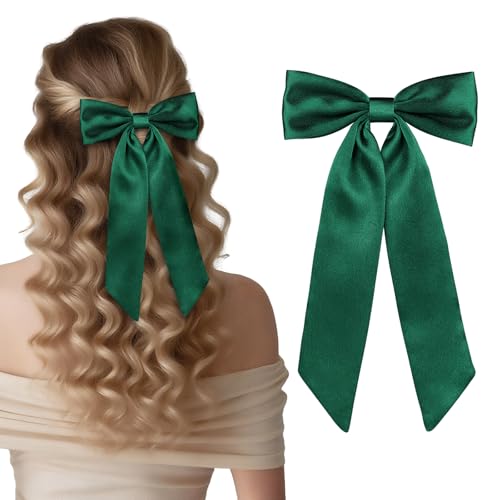 WantGor Satin Long Tail Hair Bow Clip Green Ribbon Barrette for Women