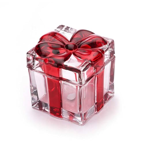 Red Square Crystal Candy Dish with Bowknot Lid, Glass Christmas Decor - 1 Pack