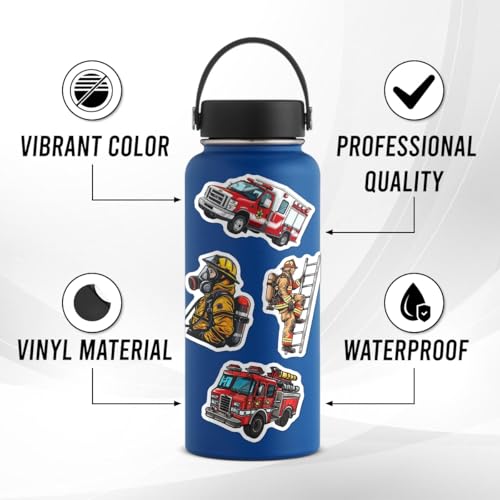 Pack of 50 Waterproof Firefighter Stickers for Water Bottles & Laptops