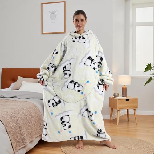 White Panda Wearable Blanket Hoodie for Adults - Oversized Soft Warm Blanket Sweatshirt