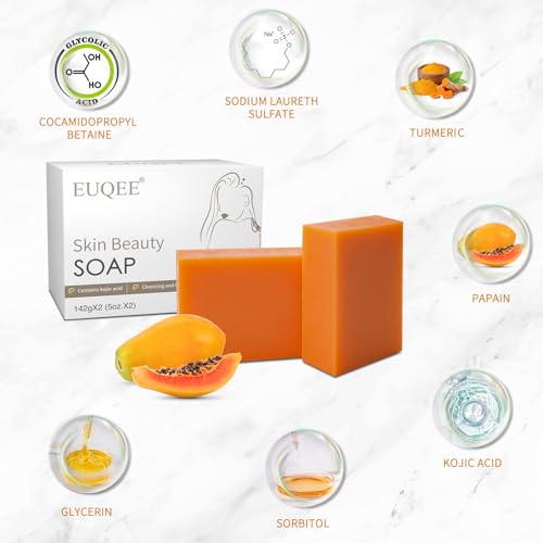 EUQEE Kojic Acid Papain Turmeric Soap Bars 2-Pack with Foaming Net