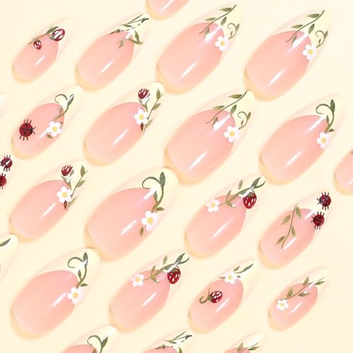 French Tip Press on Nails Medium Almond Fake Nails with Floral Design