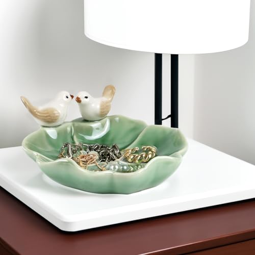 Fordonral Ceramic Bird & Lotus Leaf Jewelry Tray - Green