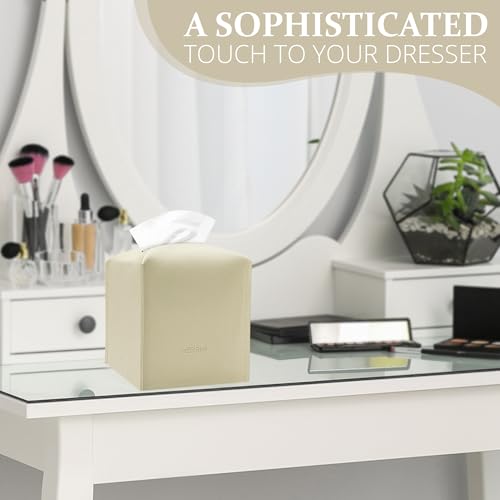 AZORMI Faux Leather Tissue Box Cover with Bottom Belt - Modern Square Design, Wide Opening, Beige
