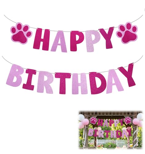 Paw Print Dog Birthday Banner - Rose Red Party Decorations 9.8ft